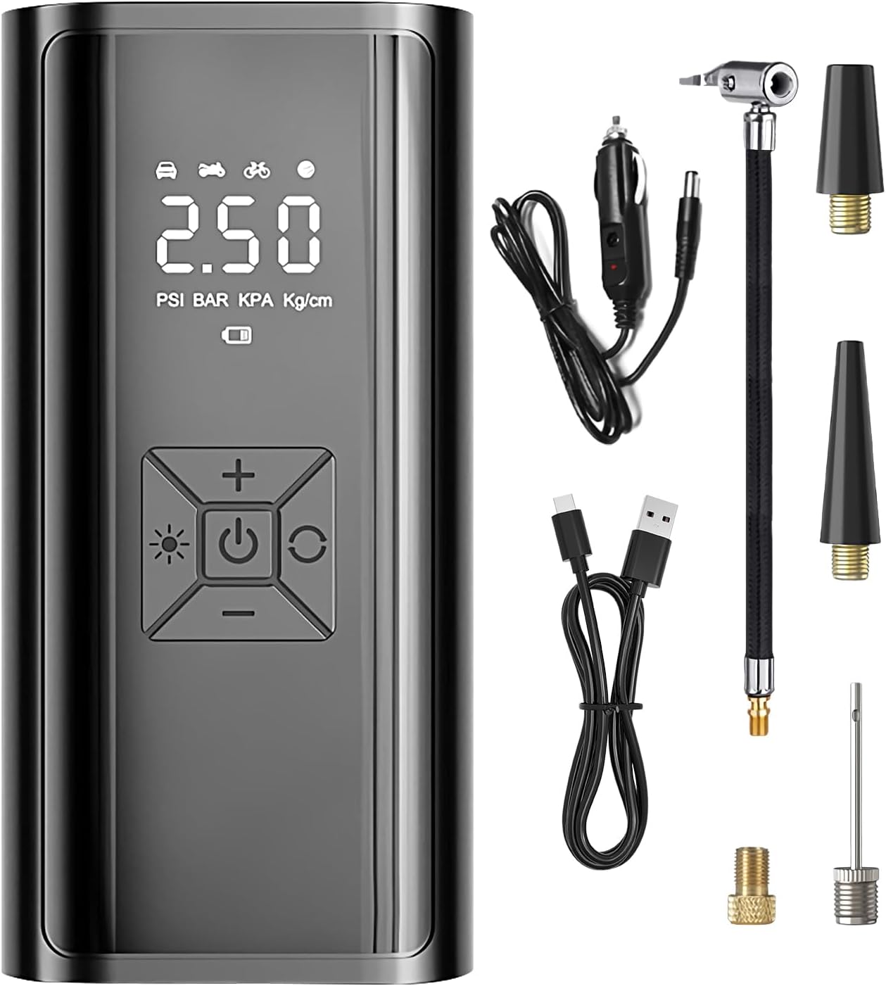 Pompe à air, gonfleur pour pneus sans fil avec écran LED pour voiture, vélo, moto, camping-car, urgence, voyage, camping