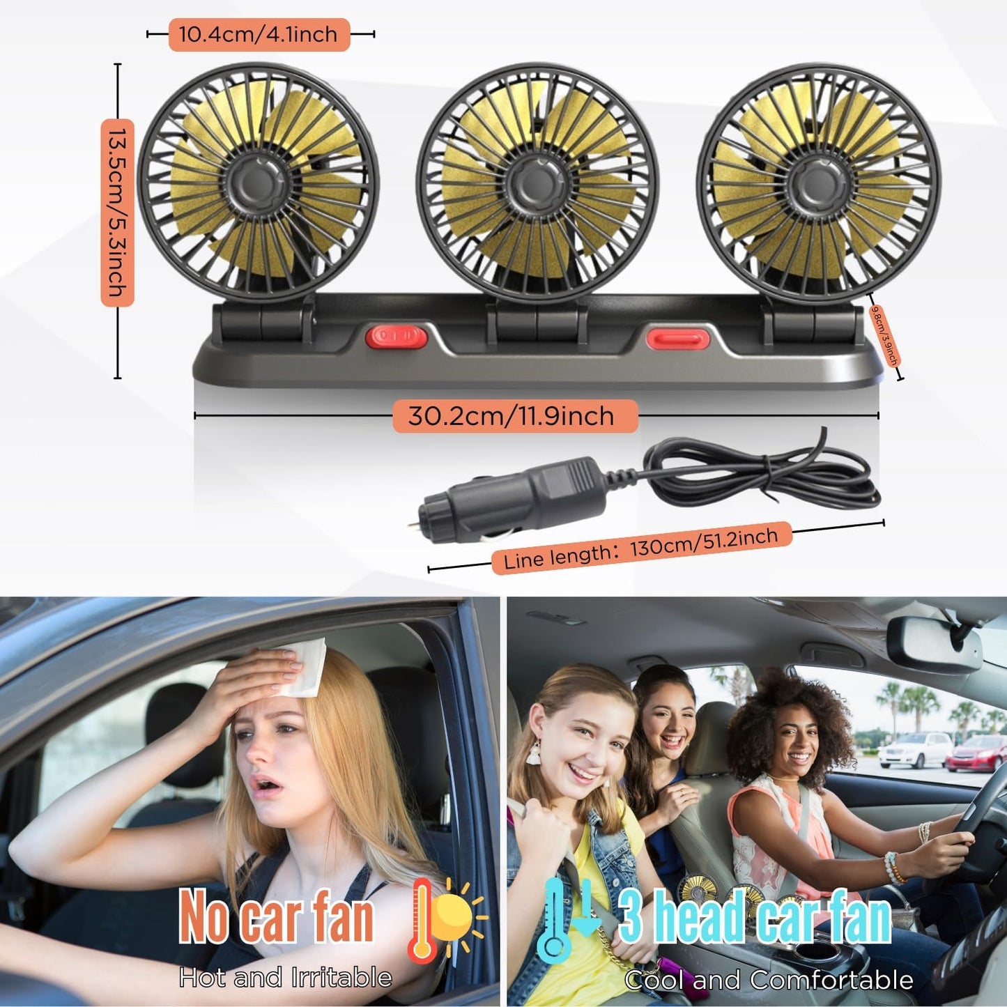 Ventilateur de voiture 360 ° réglable 3 tête ventilateur d'air automobile ventilateur électrique voiture ventilateur silencieux pour bureau à domicile et voiture