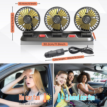 Ventilateur de voiture 360 ° réglable 3 tête ventilateur d'air automobile ventilateur électrique voiture ventilateur silencieux pour bureau à domicile et voiture