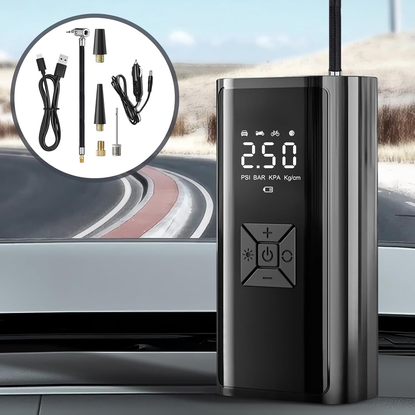 Pompe à air, gonfleur pour pneus sans fil avec écran LED pour voiture, vélo, moto, camping-car, urgence, voyage, camping