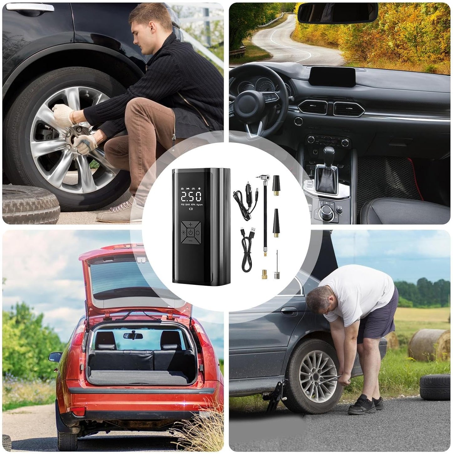 Pompe à air, gonfleur pour pneus sans fil avec écran LED pour voiture, vélo, moto, camping-car, urgence, voyage, camping