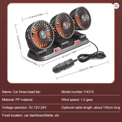 Ventilateur de voiture 360 ° réglable 3 tête ventilateur d'air automobile ventilateur électrique voiture ventilateur silencieux pour bureau à domicile et voiture