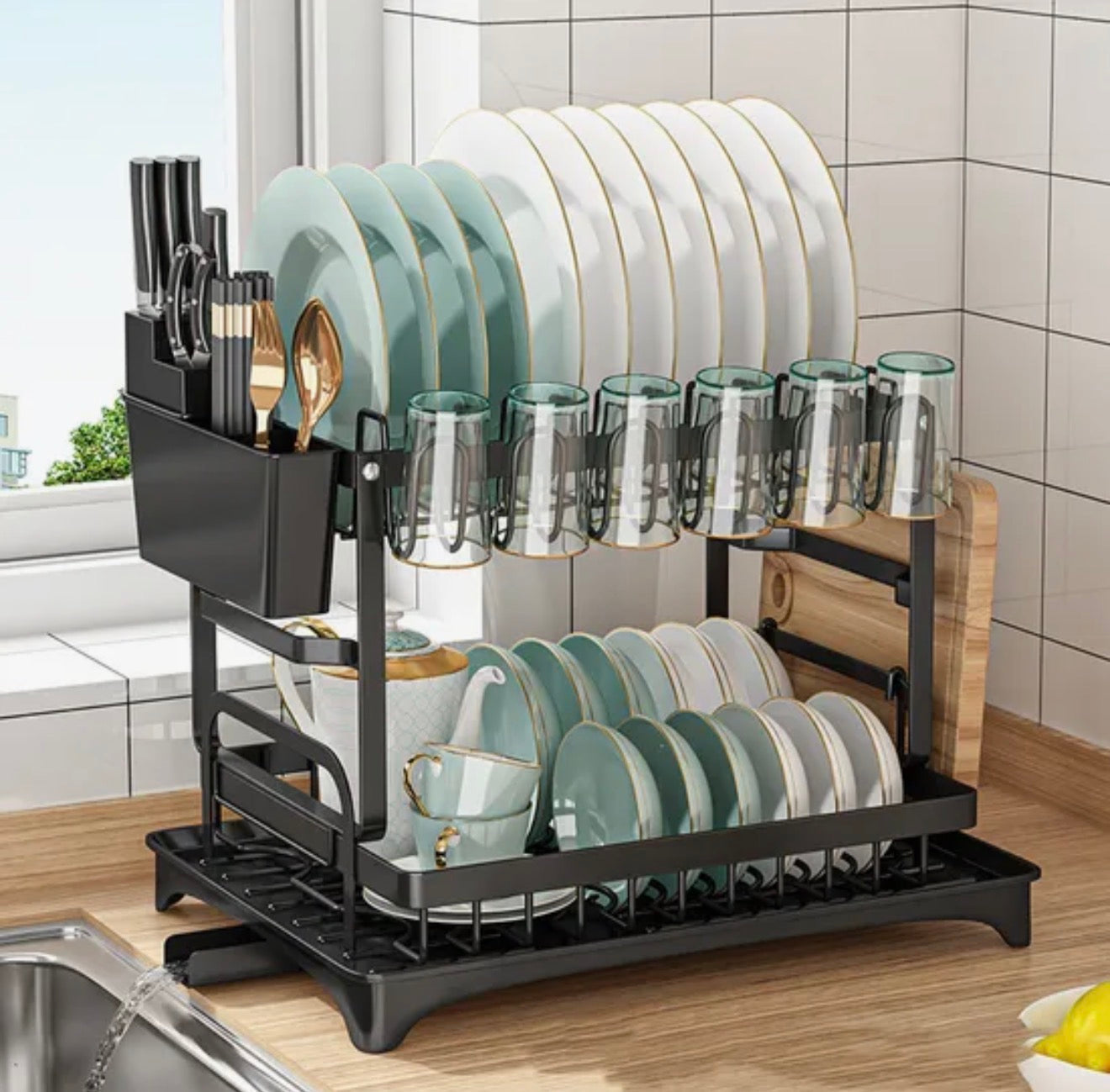 Égouttoir à Vaisselle Cuisine Noir à 2 Niveaux avec Plateau d'égouttement,Séchoir à Vaisselle, avec Vidange Automatique
