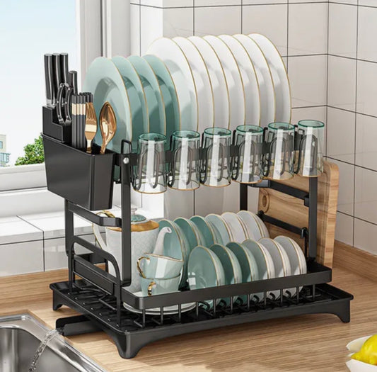 Égouttoir à Vaisselle Cuisine Noir à 2 Niveaux avec Plateau d'égouttement,Séchoir à Vaisselle, avec Vidange Automatique