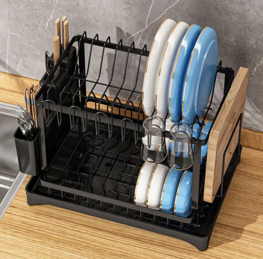 Égouttoir à Vaisselle Cuisine Noir à 2 Niveaux avec Plateau d'égouttement,Séchoir à Vaisselle, avec Vidange Automatique