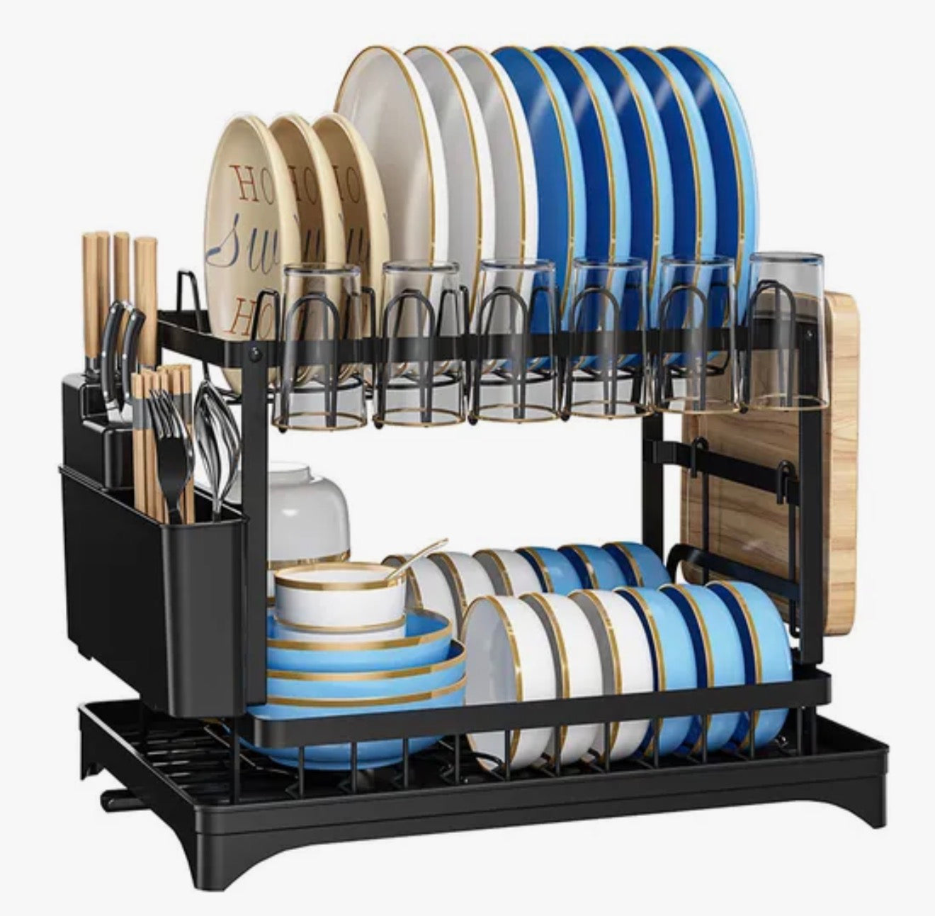 Égouttoir à Vaisselle Cuisine Noir à 2 Niveaux avec Plateau d'égouttement,Séchoir à Vaisselle, avec Vidange Automatique