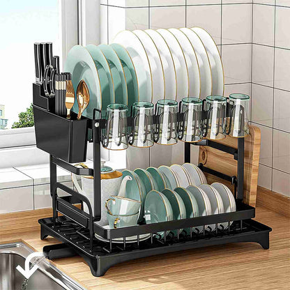 Égouttoir à Vaisselle Cuisine Noir à 2 Niveaux avec Plateau d'égouttement,Séchoir à Vaisselle, avec Vidange Automatique